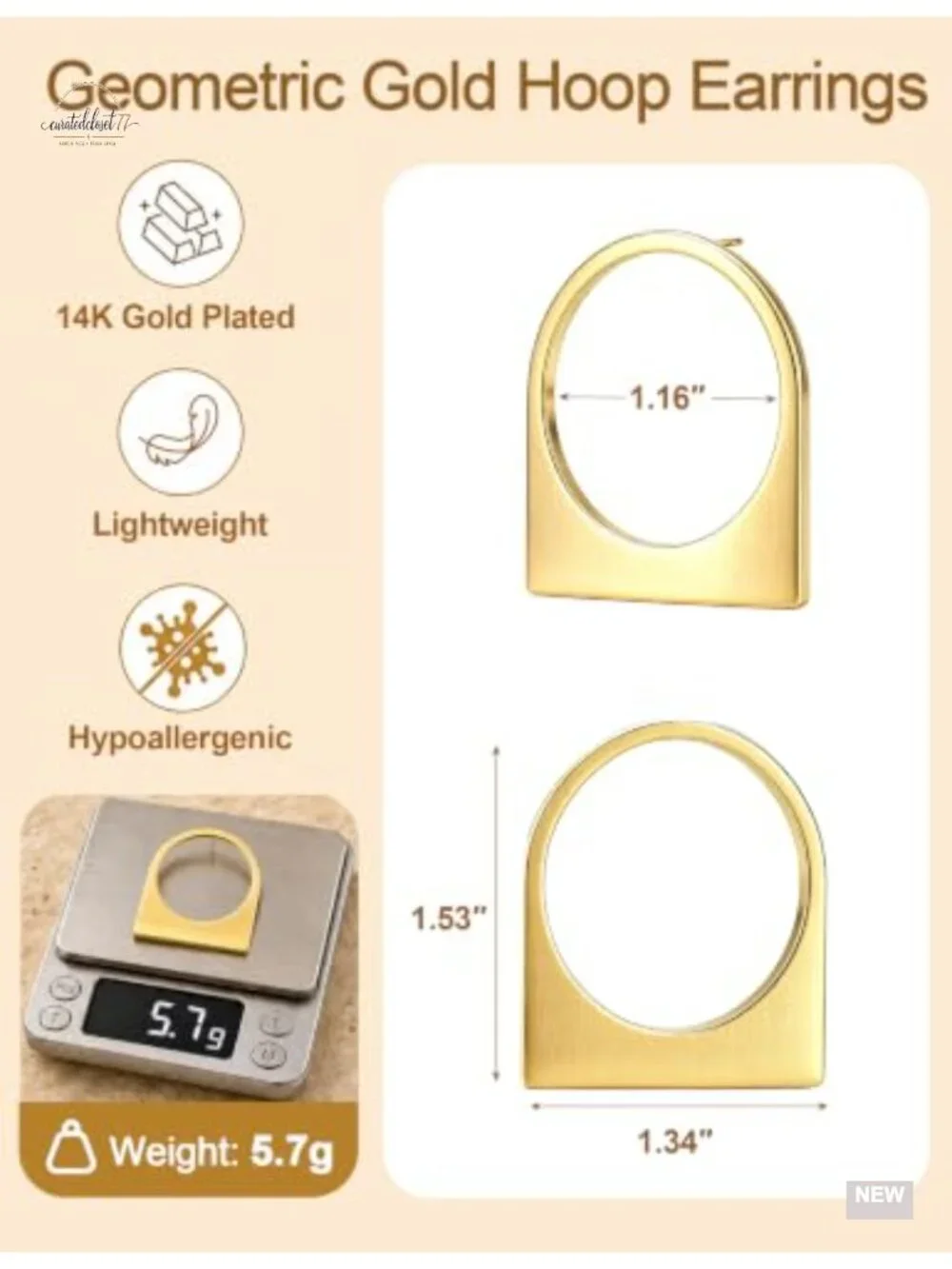 14K Gold Plated Brushed Metal Hollow Circle Drop Earrings Lightweight Modern